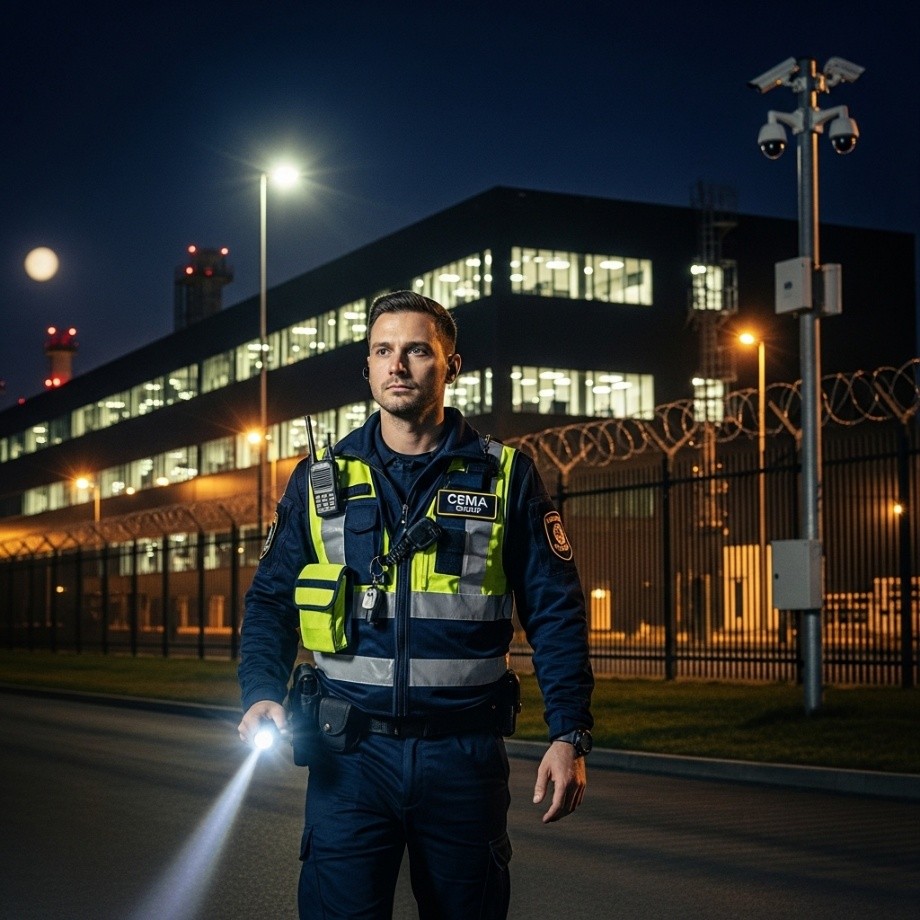 Agent de sécurité CEMA patrouillant de nuit dans un complexe industriel moderne