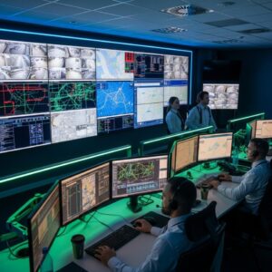 Salle de contrôle moderne avec opérateurs surveillant multiple écrans de sécurité en temps réel