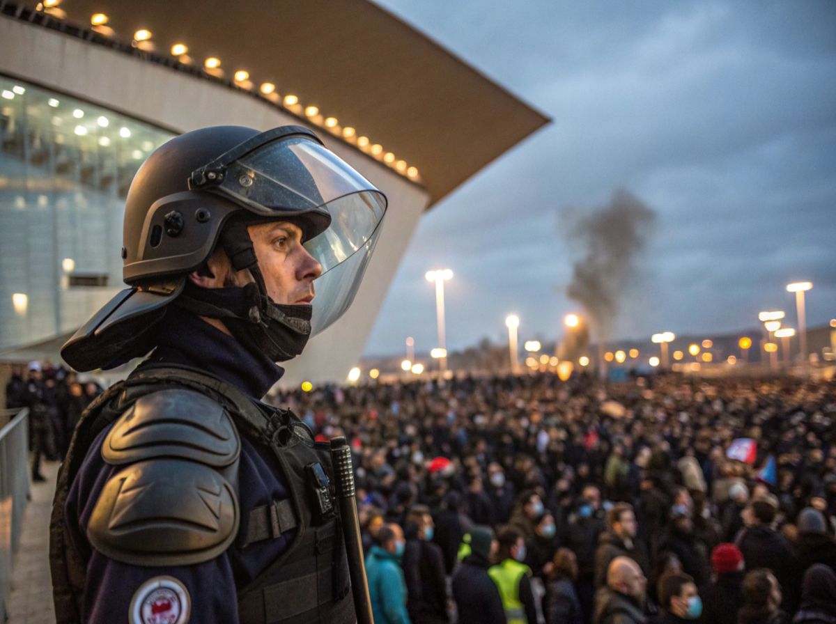 Agent en uniforme anti-émeute surveillant une foule et assurant la sécurité événementielle