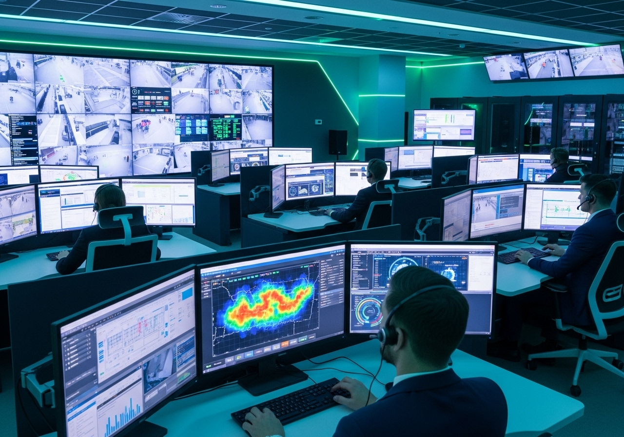 Centre de contrôle sécuritaire moderne avec écrans de vidéosurveillance intelligente