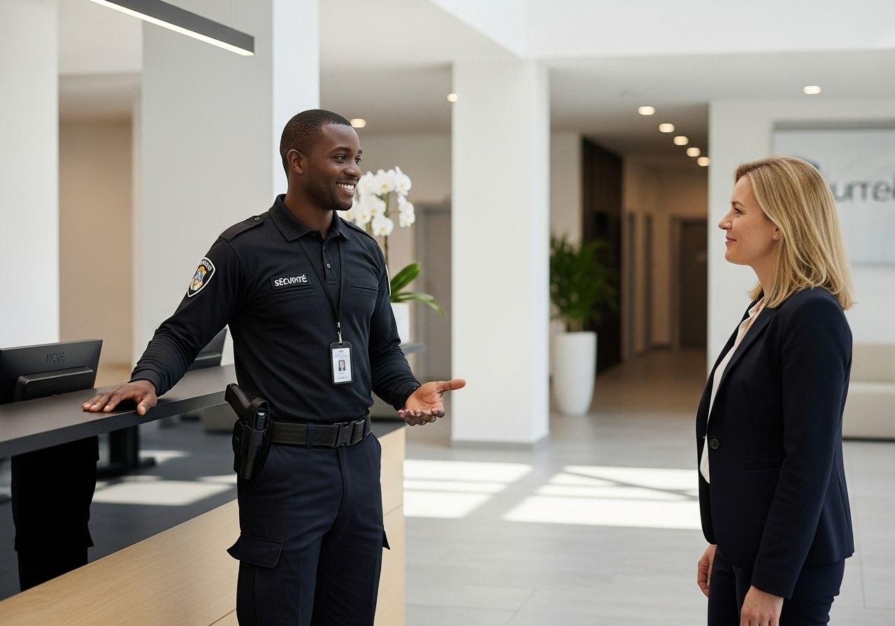 Agent de sécurité qui accueille un visiteur