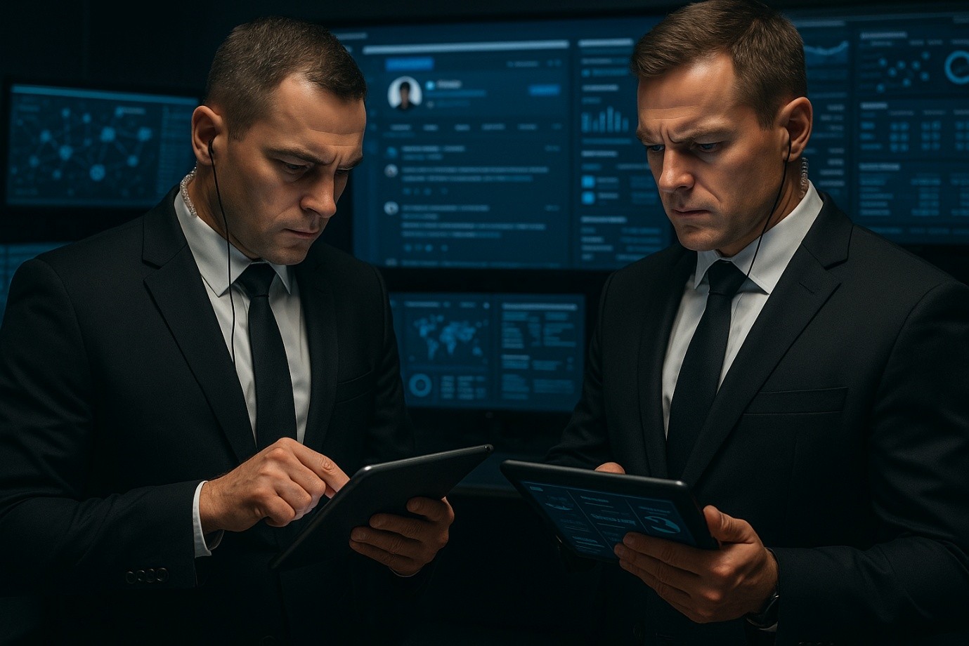 Équipe de protection rapprochée analysant les menaces numériques