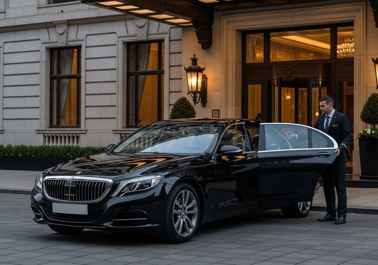 Transport VIP avec chauffeur privé devant hôtel de luxe