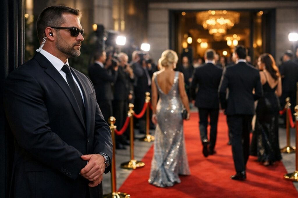 Un agent de sécurité privée surveillant l’entrée d’un événement de prestige