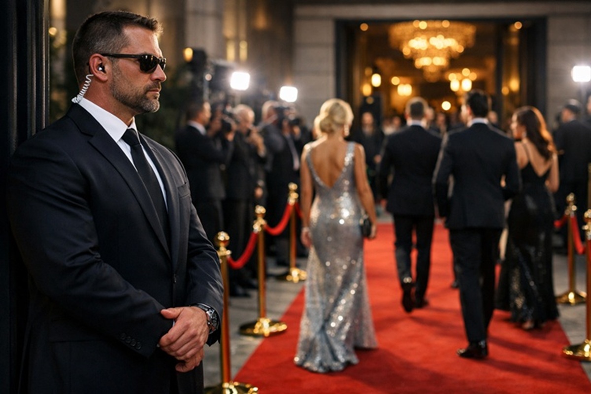 Un agent de sécurité privée surveillant l’entrée d’un événement de prestige