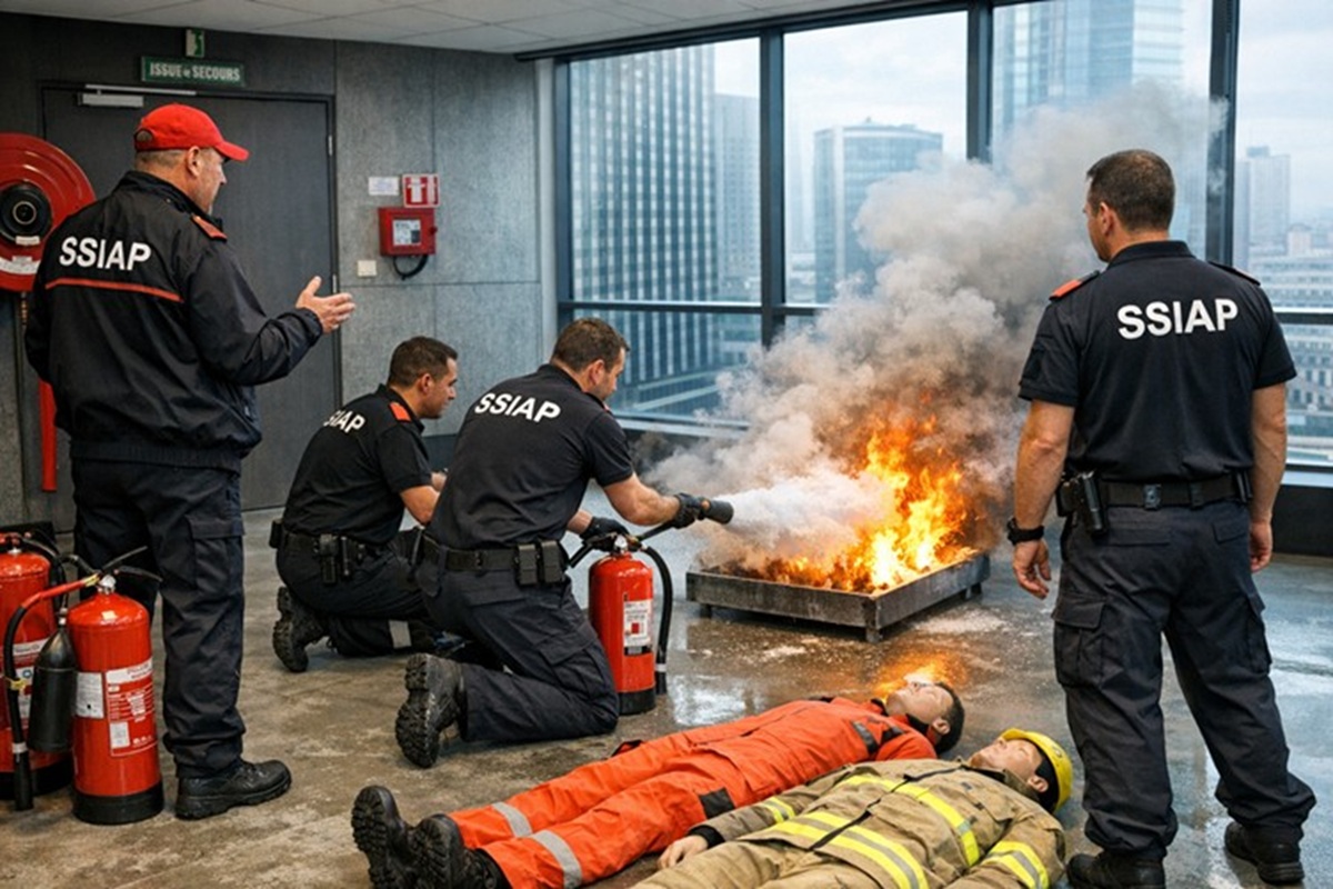 Équipe en exercice de sécurité incendie dans un IGH