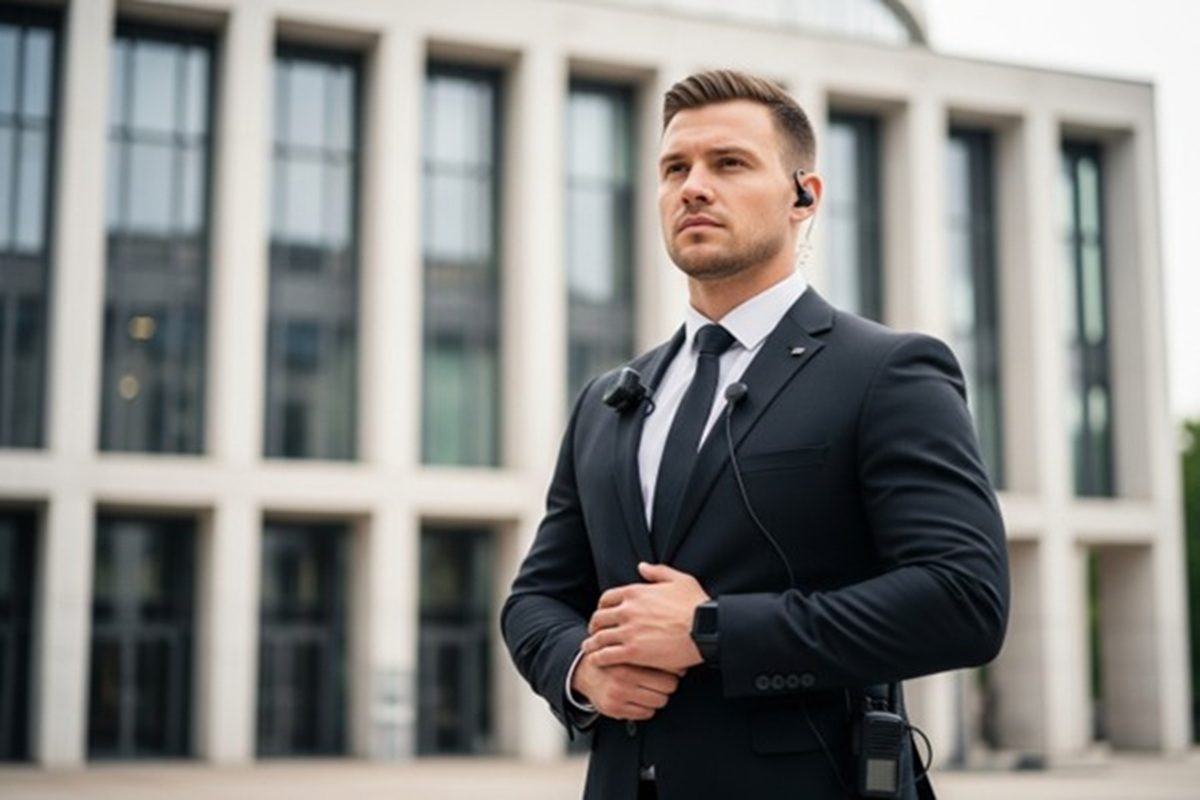 Agent de protection rapprochée assurant une mission de sécurité armée