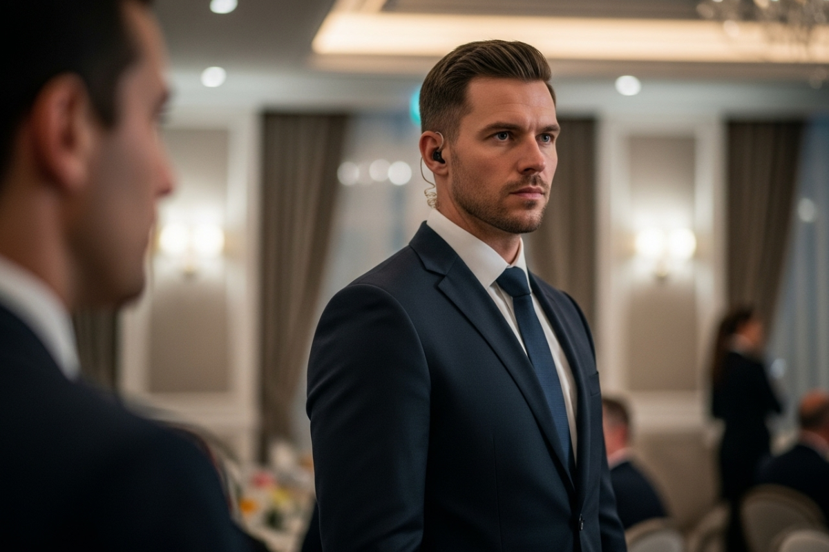 agent de sécurité assurant la protection rapprochée d’une personnalité exposée