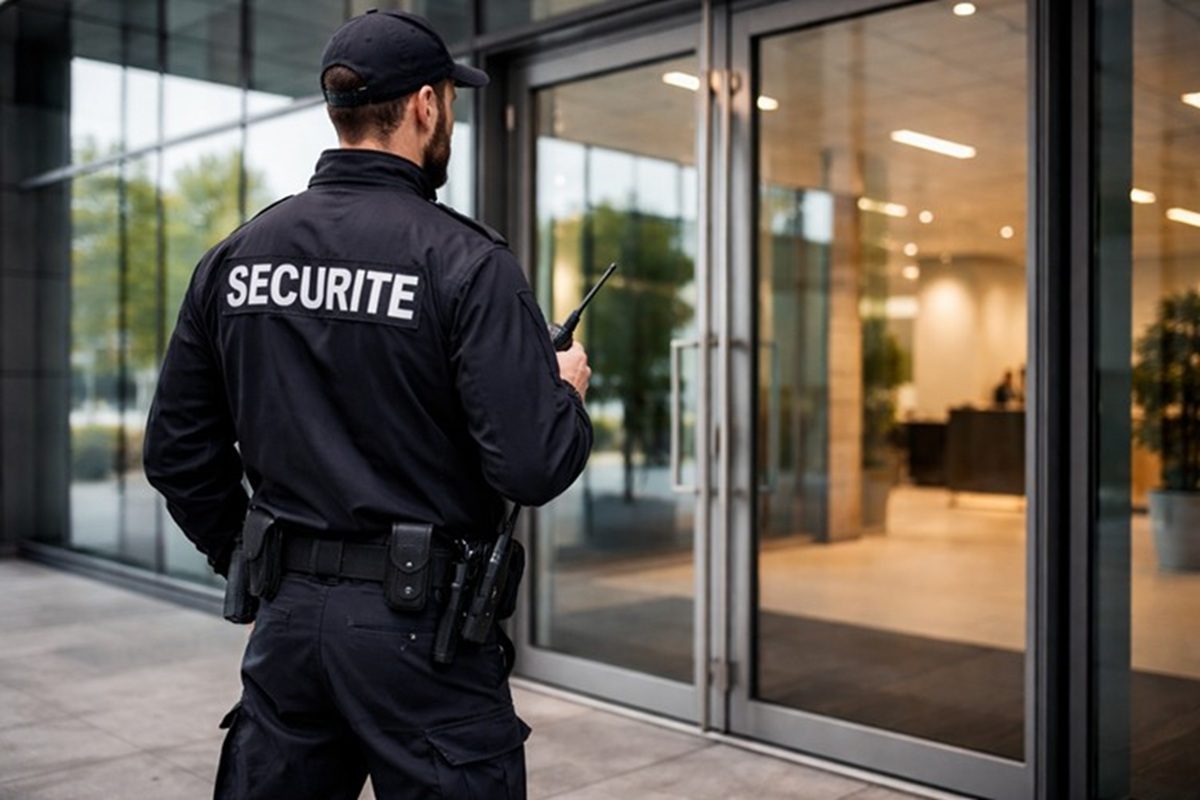 Agent de sécurité privée surveillant un bâtiment
