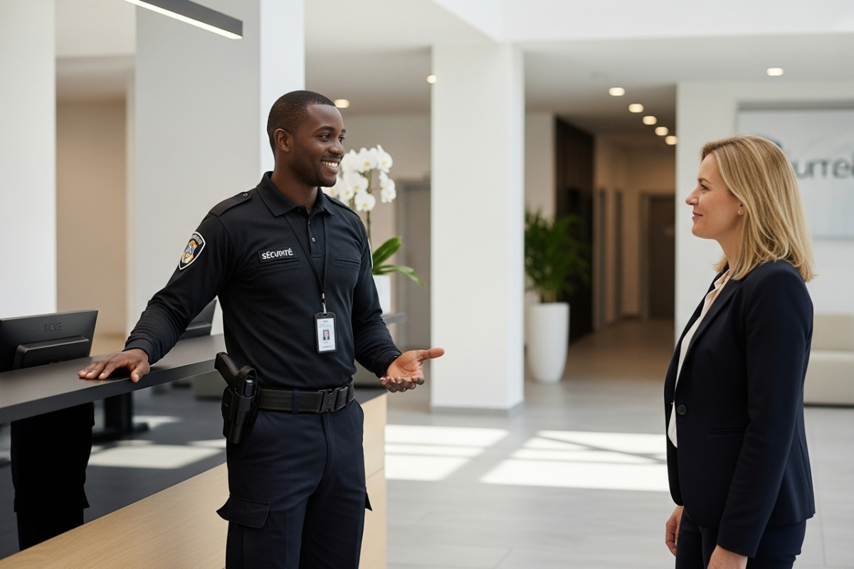 Agent de sécurité qui accueille un visiteur