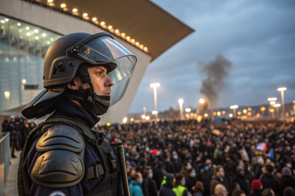 Agent en uniforme anti-émeute surveillant une foule et assurant la sécurité événementielle