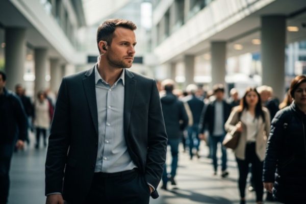 Agent de sécurité pratiquant l'analyse comportementale dans un espace public