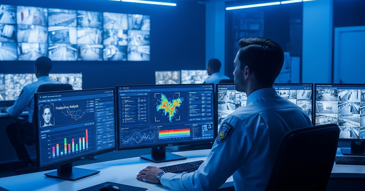 Agent sécurité privée surveillant système IA dans un centre de contrôle moderne