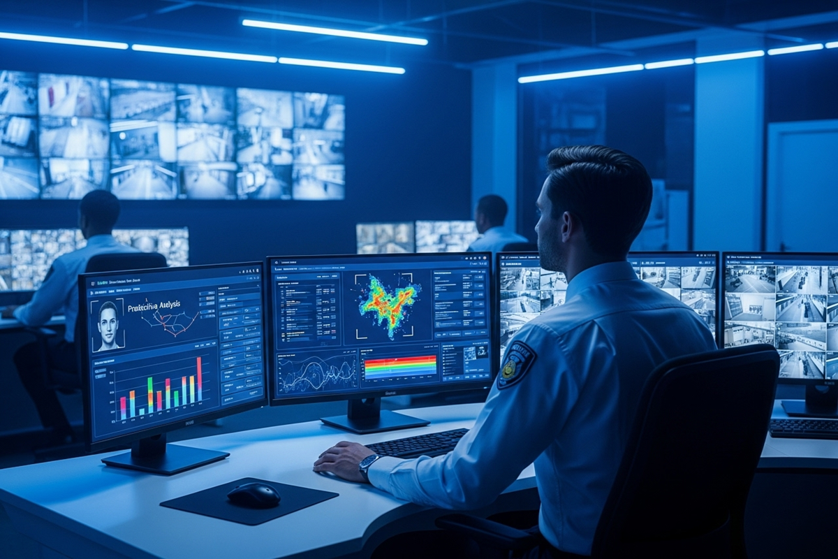 ai-et-securite-privee.122Z Agent sécurité privée surveillant système IA dans un centre de contrôle moderne