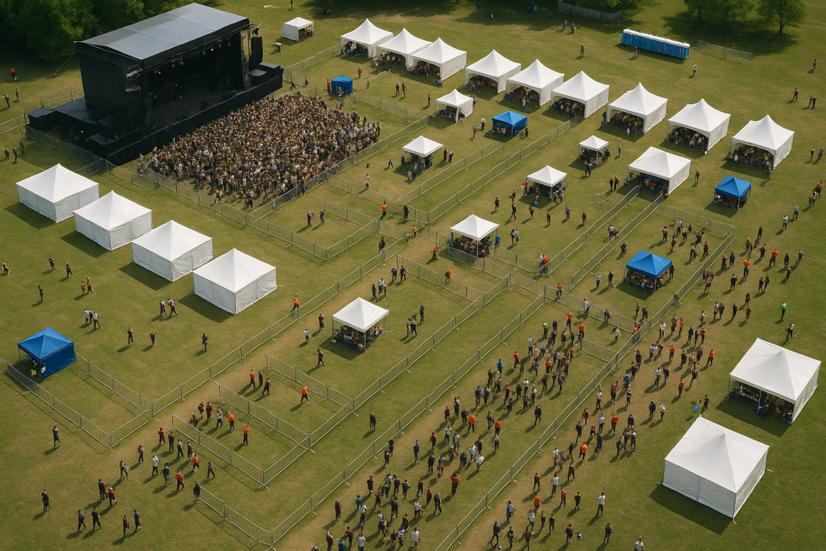 Dispositifs de sécurité installés sur un site de festival en extérieur