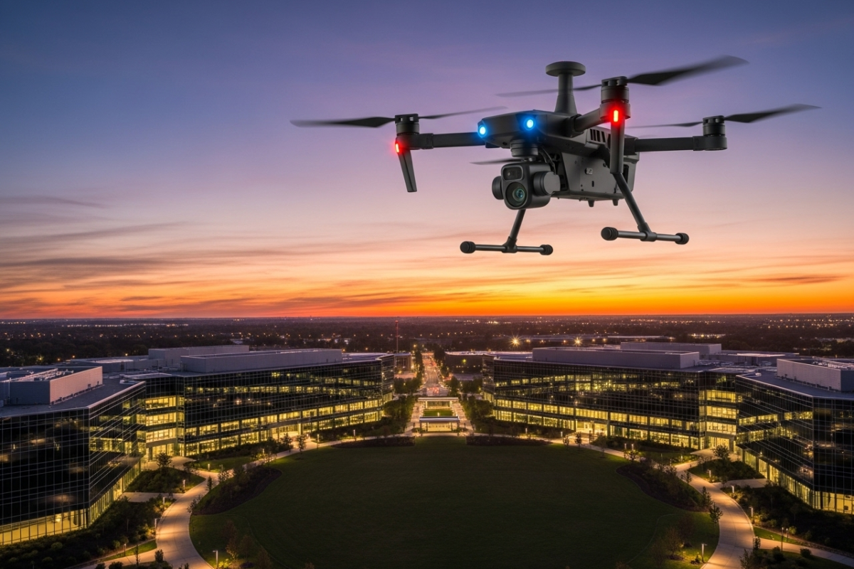 drone Drone de sécurité équipé de caméras avancées survolant un complexe d'entreprise