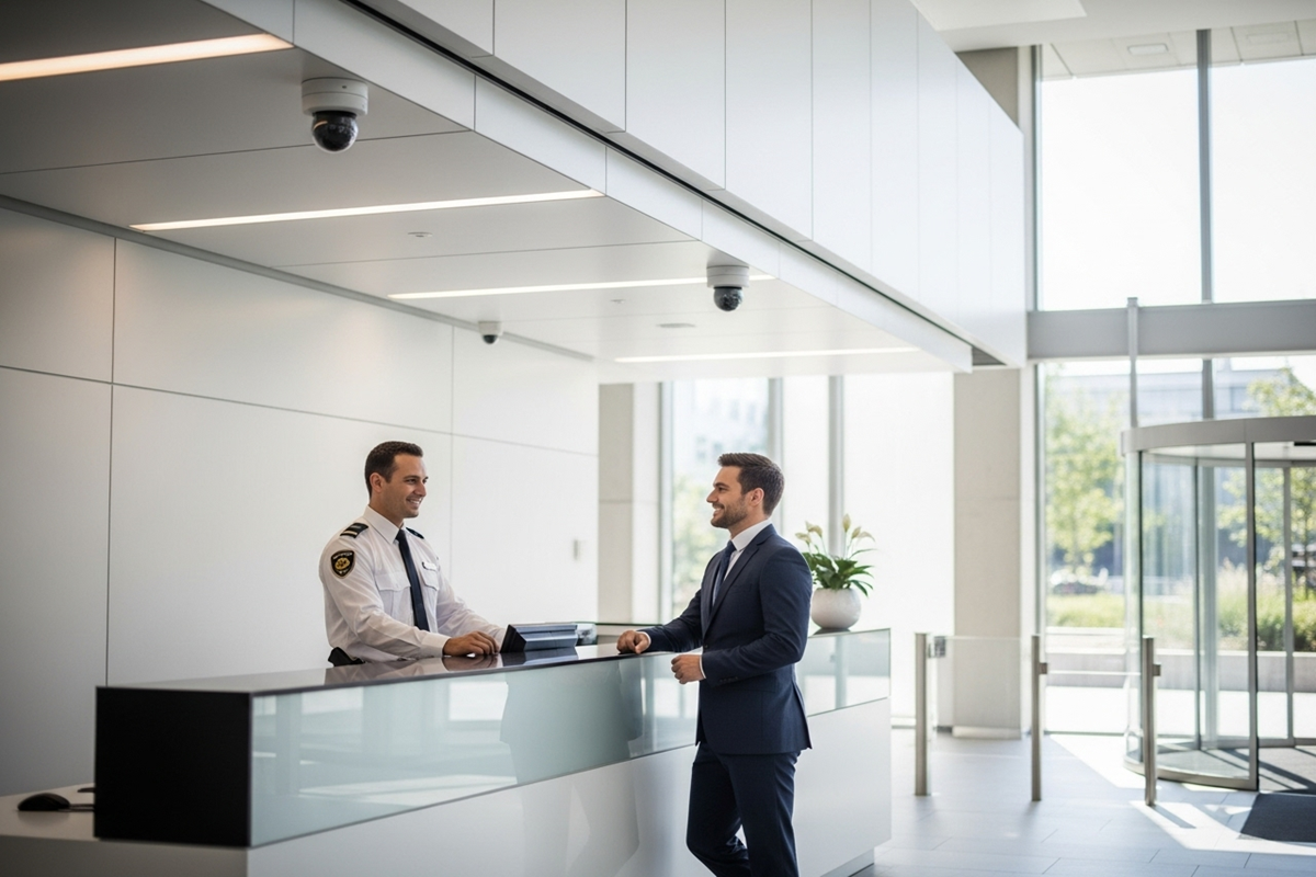 entreprise-securite.775Z Agent de sécurité d’entreprise accueillant un visiteur à l’entrée du bâtiment