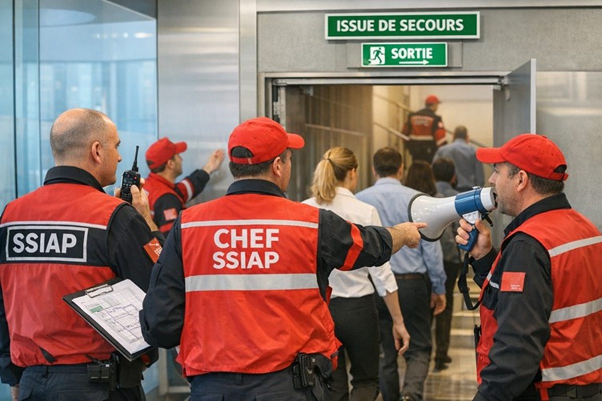 Équipe de sécurité incendie coordonnant un exercice d’évacuation