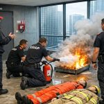 Équipe en exercice de sécurité incendie dans un IGH