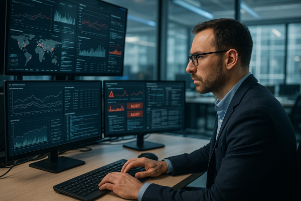 Expert en cybersécurité analysant des données sur plusieurs écrans