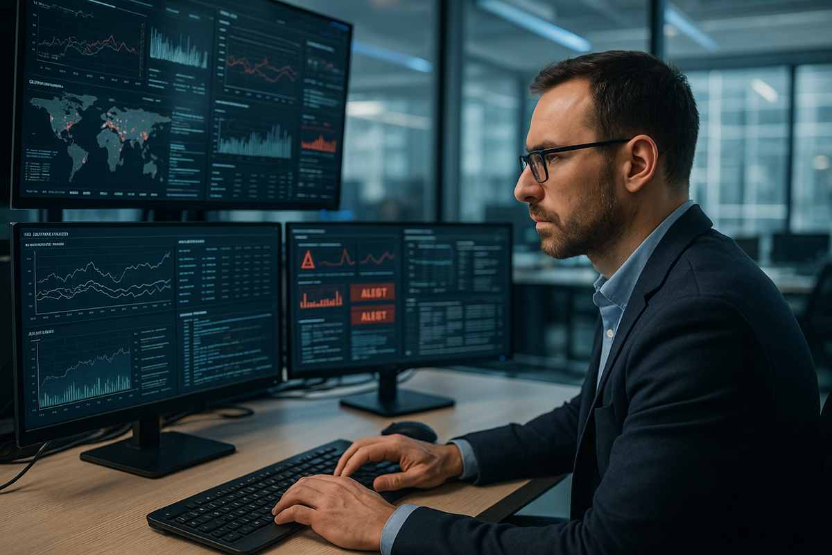 Expert en cybersécurité analysant des données sur plusieurs écrans