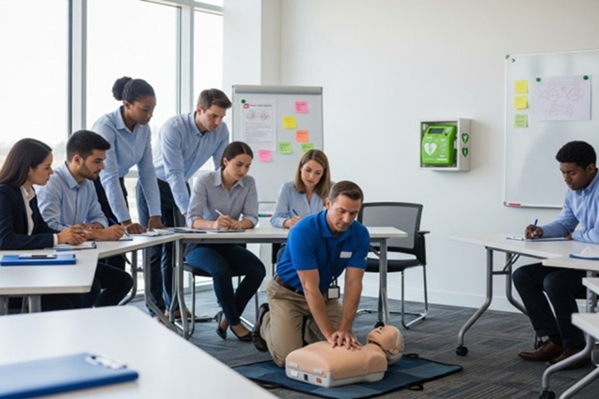 Légende : Formation SST aux gestes de premiers secours en entreprise