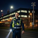 Agent de sécurité CEMA patrouillant de nuit dans un complexe industriel moderne