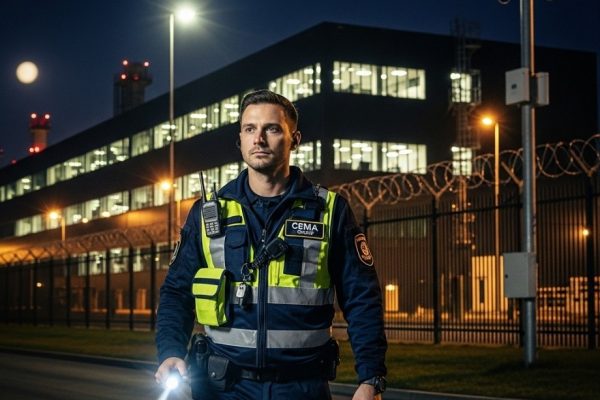 Agent de sécurité CEMA patrouillant de nuit dans un complexe industriel moderne