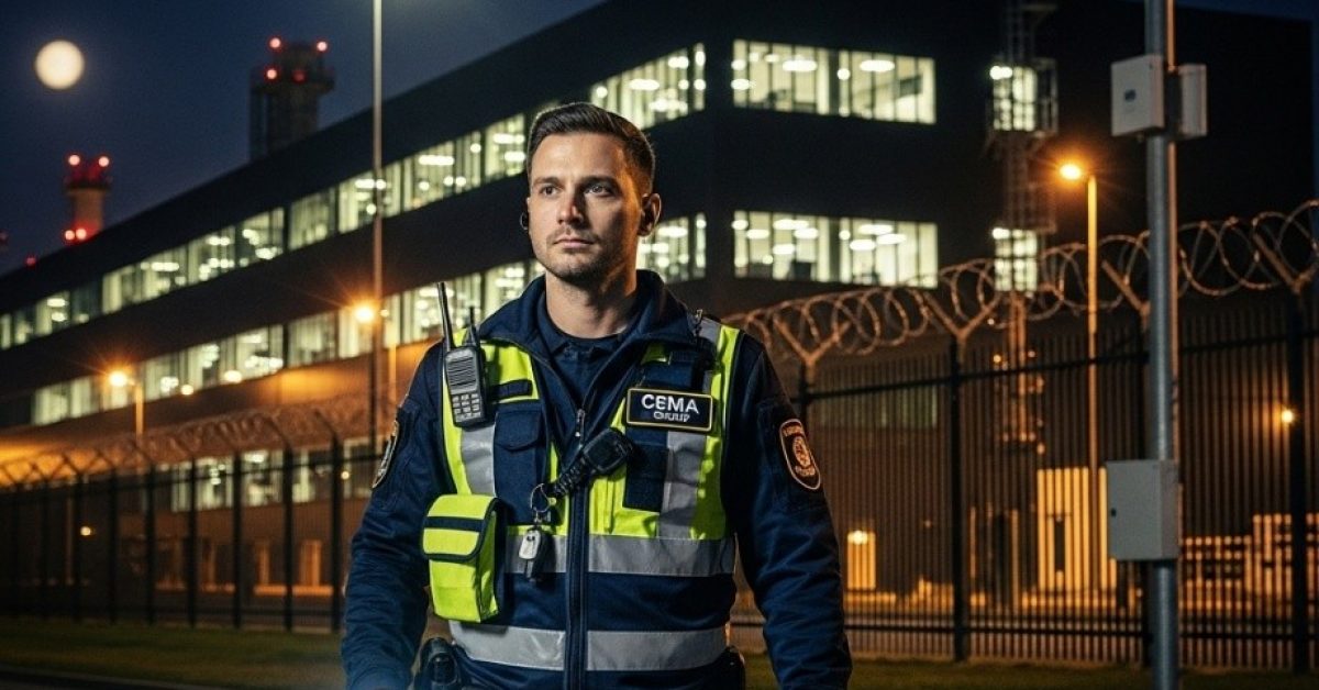 Agent de sécurité CEMA patrouillant de nuit dans un complexe industriel moderne