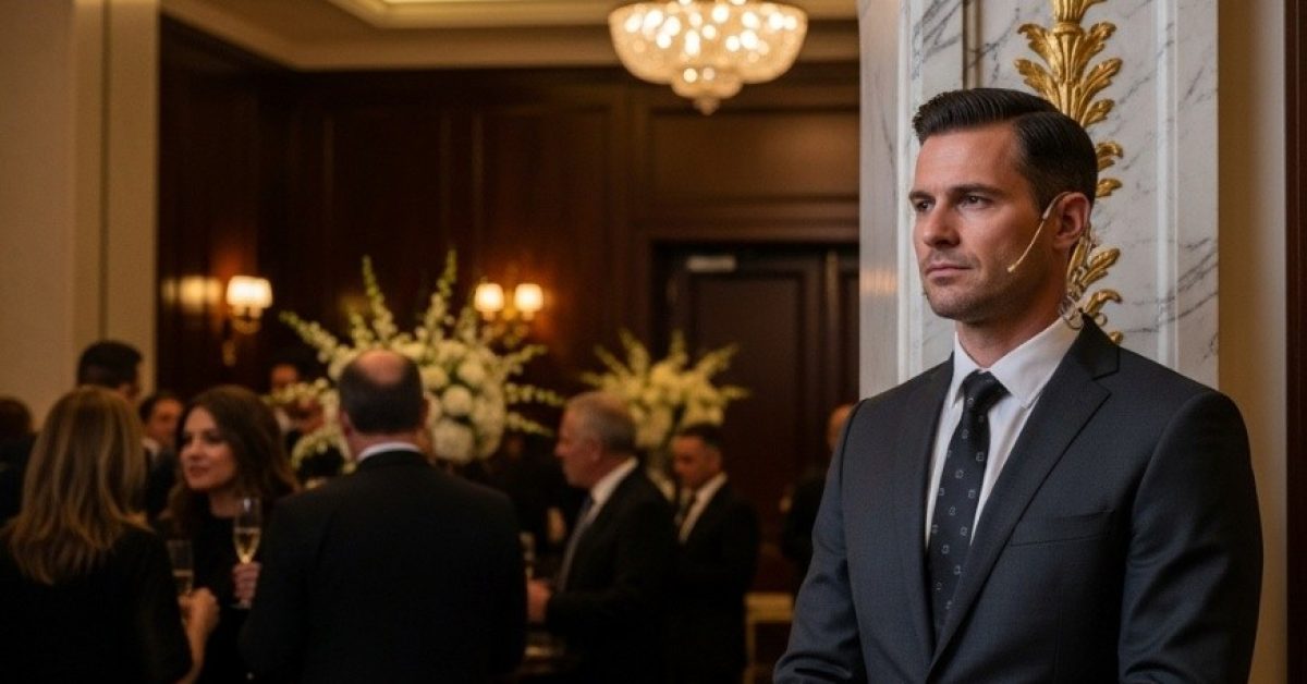 Agent CEMA Group assurant une surveillance discrète lors d'un événement de prestige