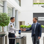 Agent de sécurité qui accueil un visiteur