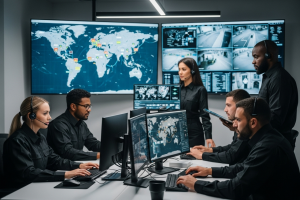 Sécurité privée internationale avec équipe multiculturelle coordonnant opérations de protection