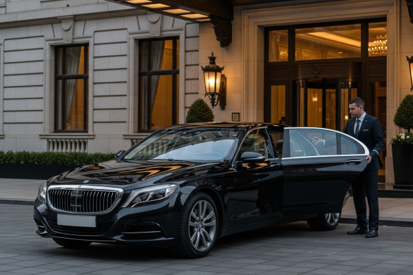 Transport VIP avec chauffeur privé devant hôtel de luxe