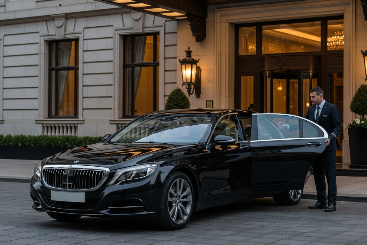 Transport VIP avec chauffeur privé devant hôtel de luxe