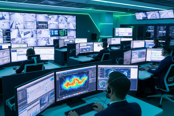 Centre de contrôle sécuritaire moderne avec écrans de vidéosurveillance intelligente